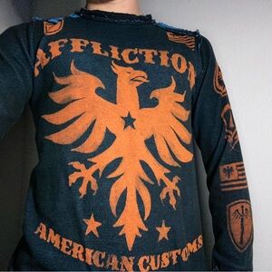 Affliction Black long sleeve thermal with Orange Eagle, reverse flip shirt